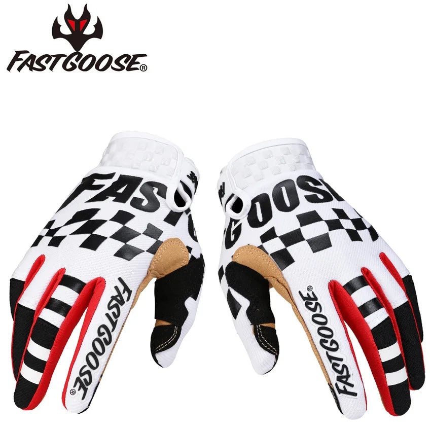 A pair of white and black cycling gloves with red accents shown from above.