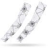 Two white ice silk arm sleeves featuring a black spiderweb pattern for sun and heat protection