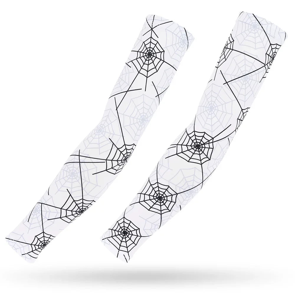 Two white ice silk arm sleeves featuring a black spiderweb pattern for sun and heat protection