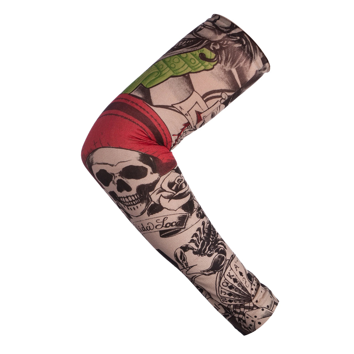 A black and white arm sleeve featuring a skull design and a red band on the forearm.