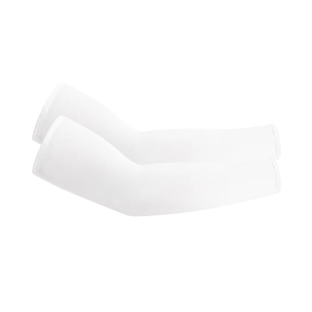 A pair of white unisex cooling arm sleeves designed for UV protection.