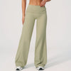 A model wearing olive green flared high-waist yoga pants and a matching top.