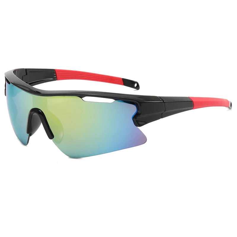 Black sports sunglasses with a translucent green-yellow lens and red accents.