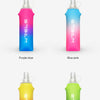 Four colored foldable sport water bottles: purple blue, blue pink, orange yellow, and green.