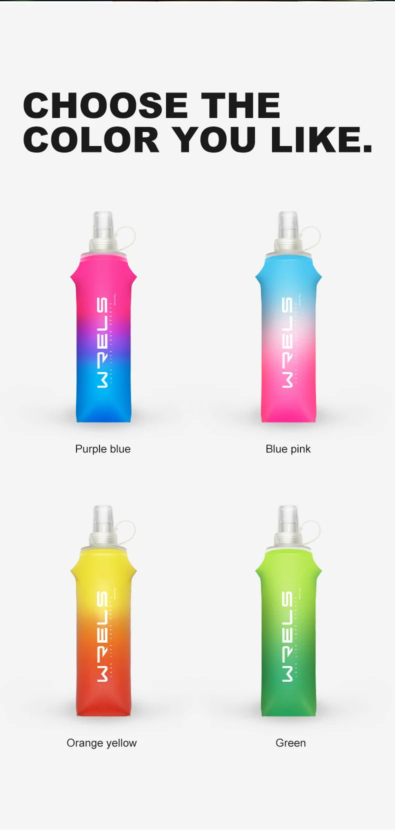 Four colored foldable sport water bottles: purple blue, blue pink, orange yellow, and green.