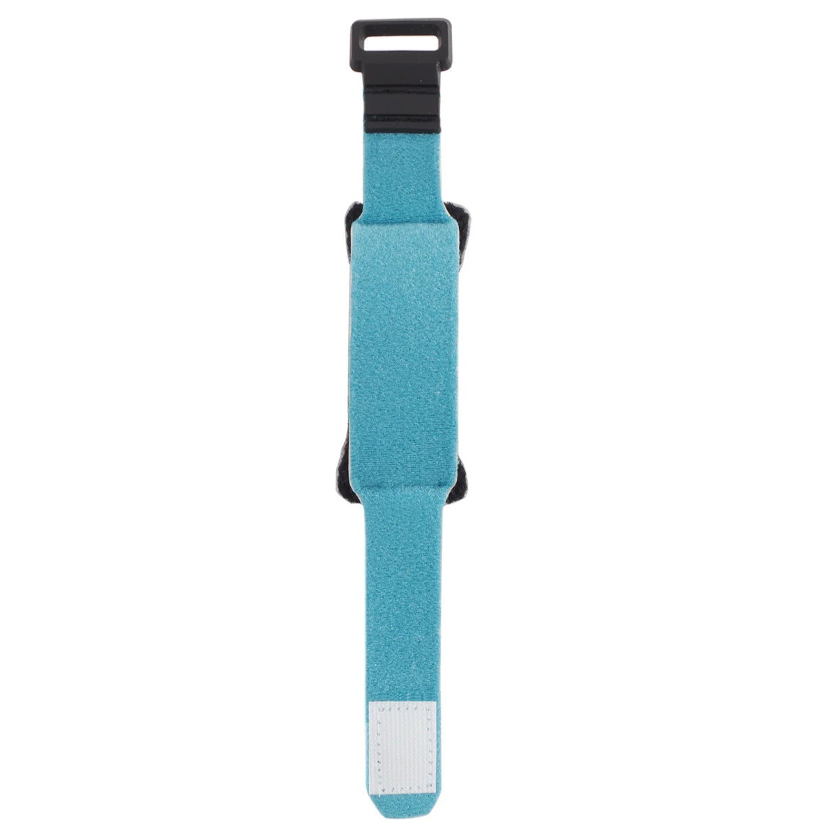 A teal colored damper tape with a black clip and white grip for string noise reduction.