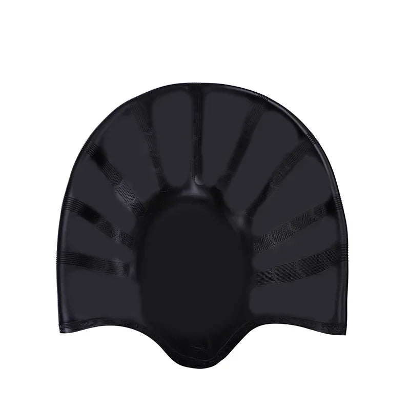 Black waterproof silicone swimming cap designed for long hair