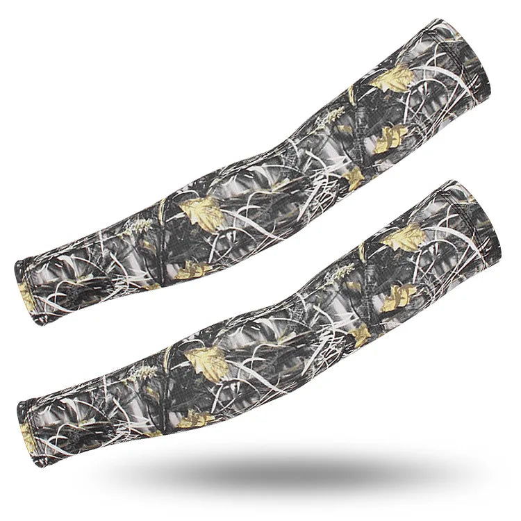 A pair of tactical camouflage arm sleeves featuring a black and gold leaf pattern.
