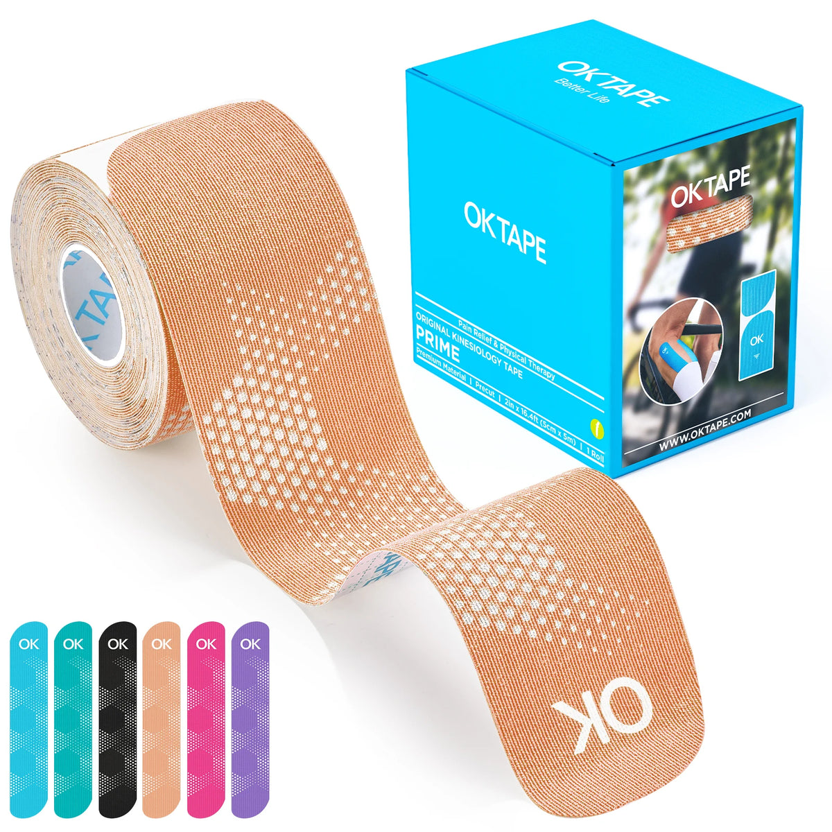 Roll of OKTape Prime kinesiology therapy tape with a box and color options