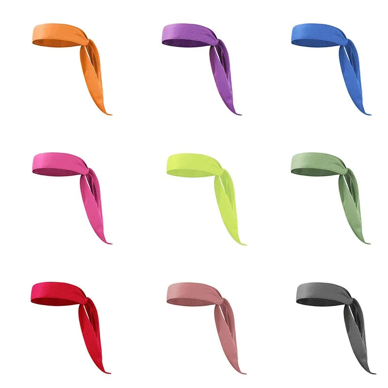 Colección de diademas deportivas ajustables y coloridas en naranja, púrpura, azul, rosa, verde lima, rojo y gris.