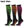 Three pairs of Type B sport compression socks in neon green, orange, and purple.