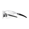 A pair of white sports sunglasses with black accents shown against a white background.