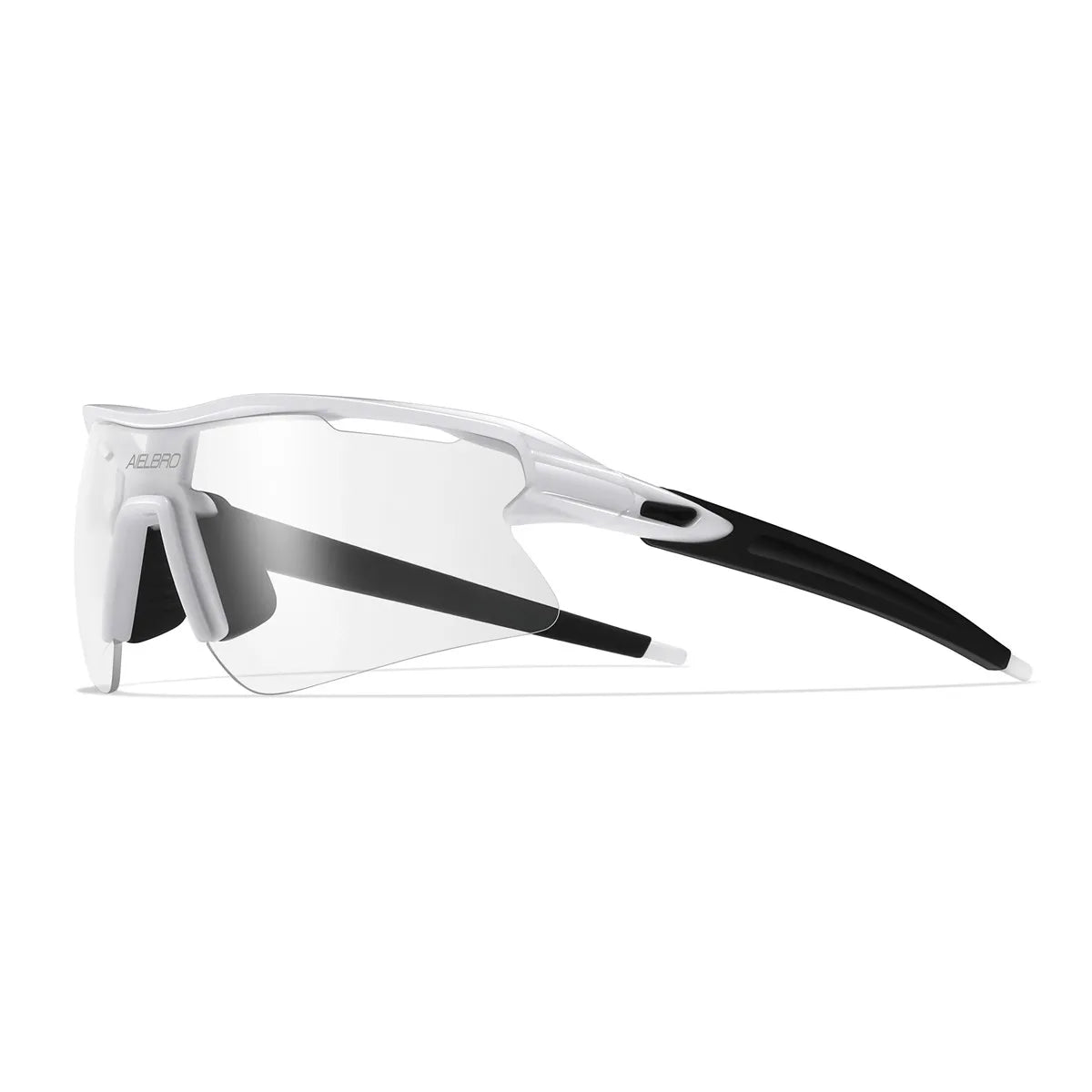 A pair of white sports sunglasses with black accents shown against a white background.