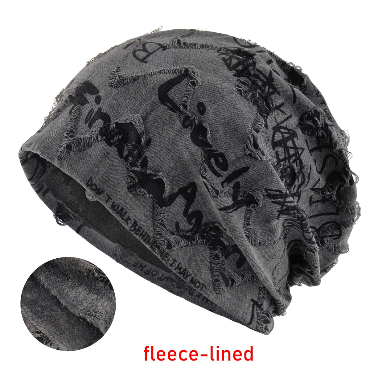 Vintage Letter Print Beanie Hat with Fleece Lining