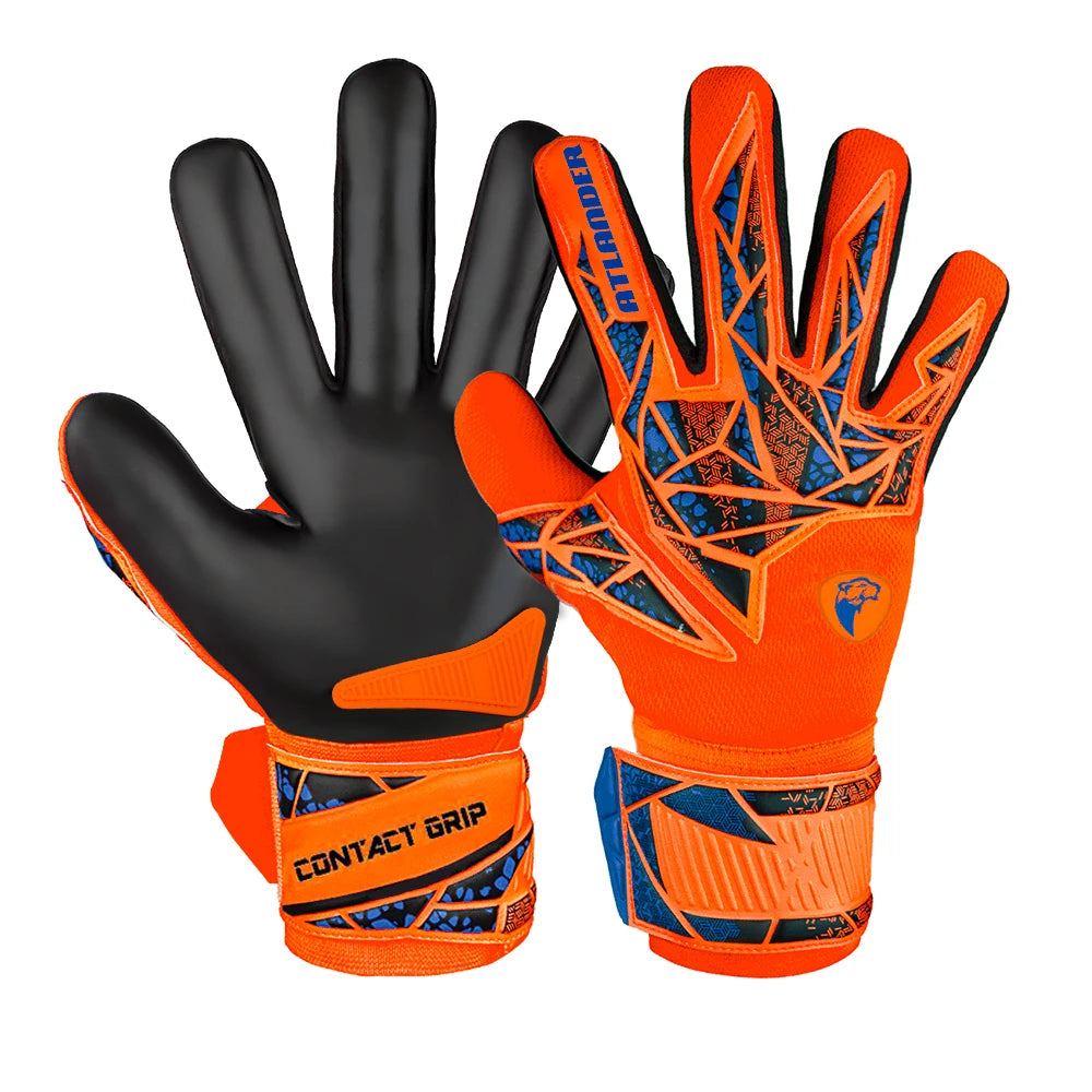 Pair of orange and black latex goalkeeper gloves with a wrist strap