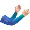A person wearing blue sports arm sleeves demonstrates the fit and design of the athletic garment.