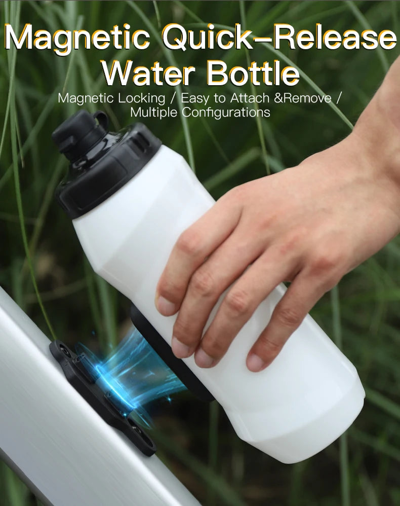 A hand is holding a white magnetic quick-release water bottle, demonstrating its easy attach and remove features.