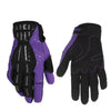 A pair of black and purple full finger motocross motorcycle gloves.