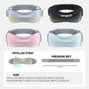 Three versions of an adjustable knee strap or pressure belt for tendon support shown in gray, black, and pink.