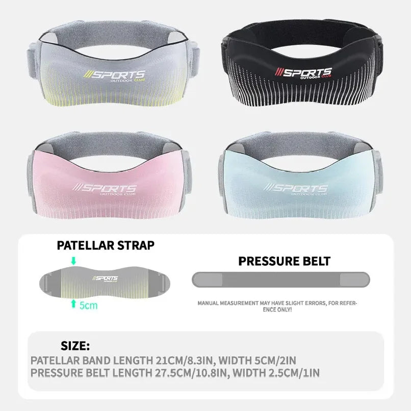 Three versions of an adjustable knee strap or pressure belt for tendon support shown in gray, black, and pink.