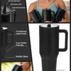 A black insulated stainless steel water bottle with a handle and flip straw shown in various angles.