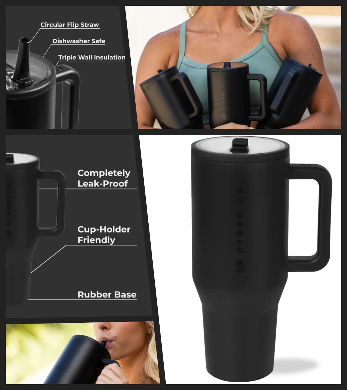 A black insulated stainless steel water bottle with a handle and flip straw shown in various angles.