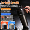 A black insulated stainless steel straw water bottle with a handle is shown next to various cup holders and temperature test 