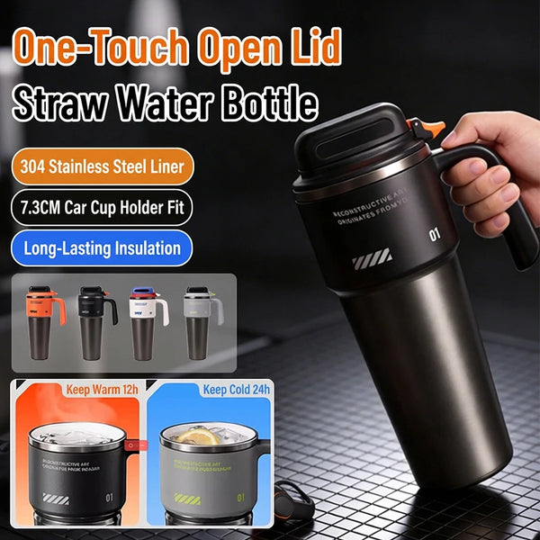 A black insulated stainless steel straw water bottle with a handle is shown next to various cup holders and temperature test 