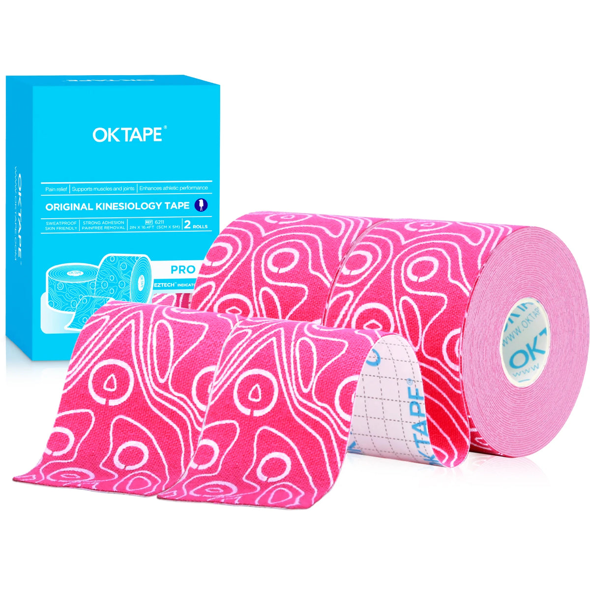 Rolls of pink kinesiology tape and a box labeled OKTAPE for muscle support