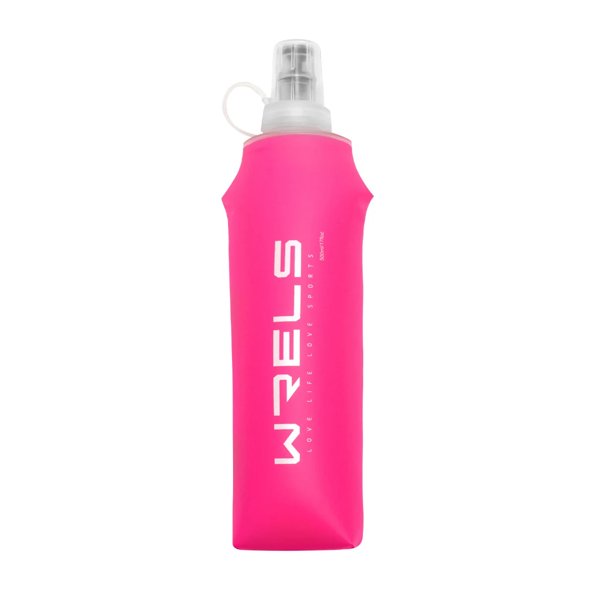 A pink silicone water bottle with a clear cap, designed for outdoor and fitness use.