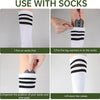 Instructions showing how to put socks and leg warmers onto the calves for protection.