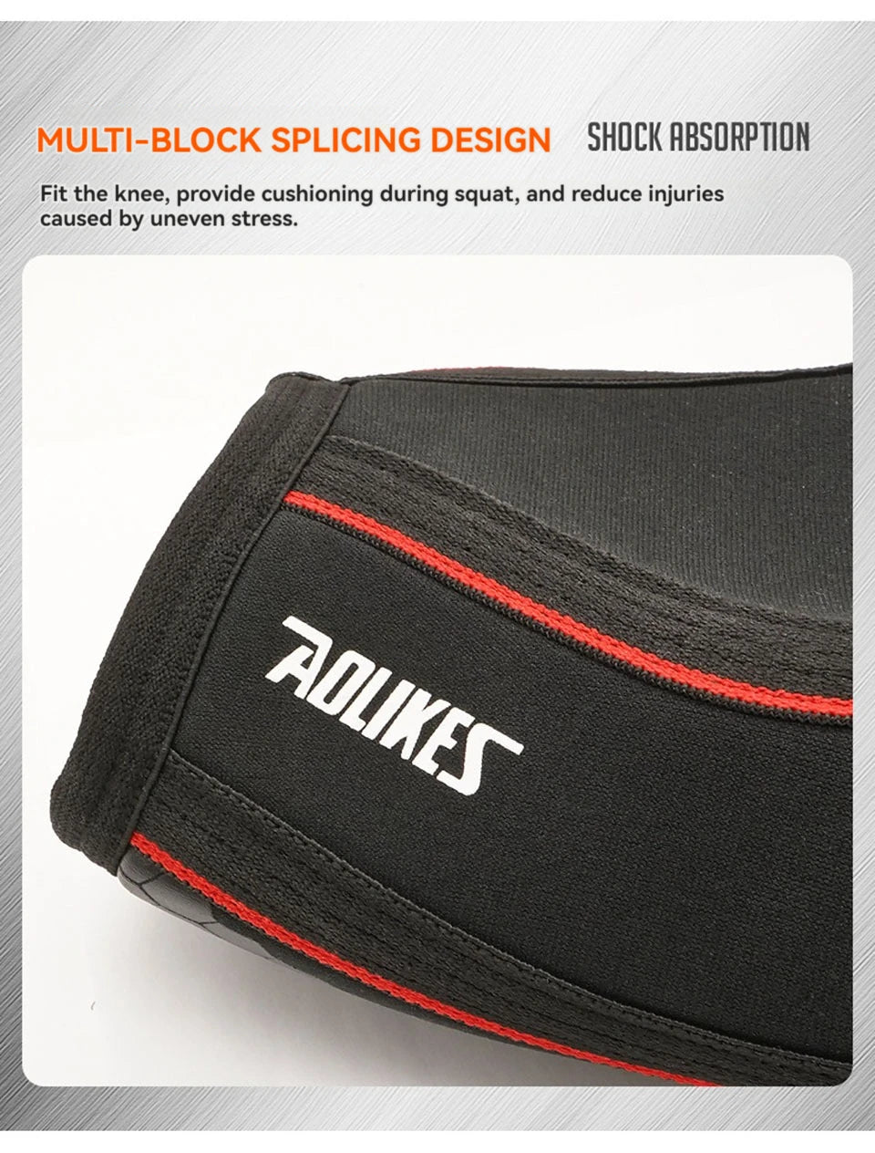 Black multi-block splicing knee sleeve with red trim shown from the side.
