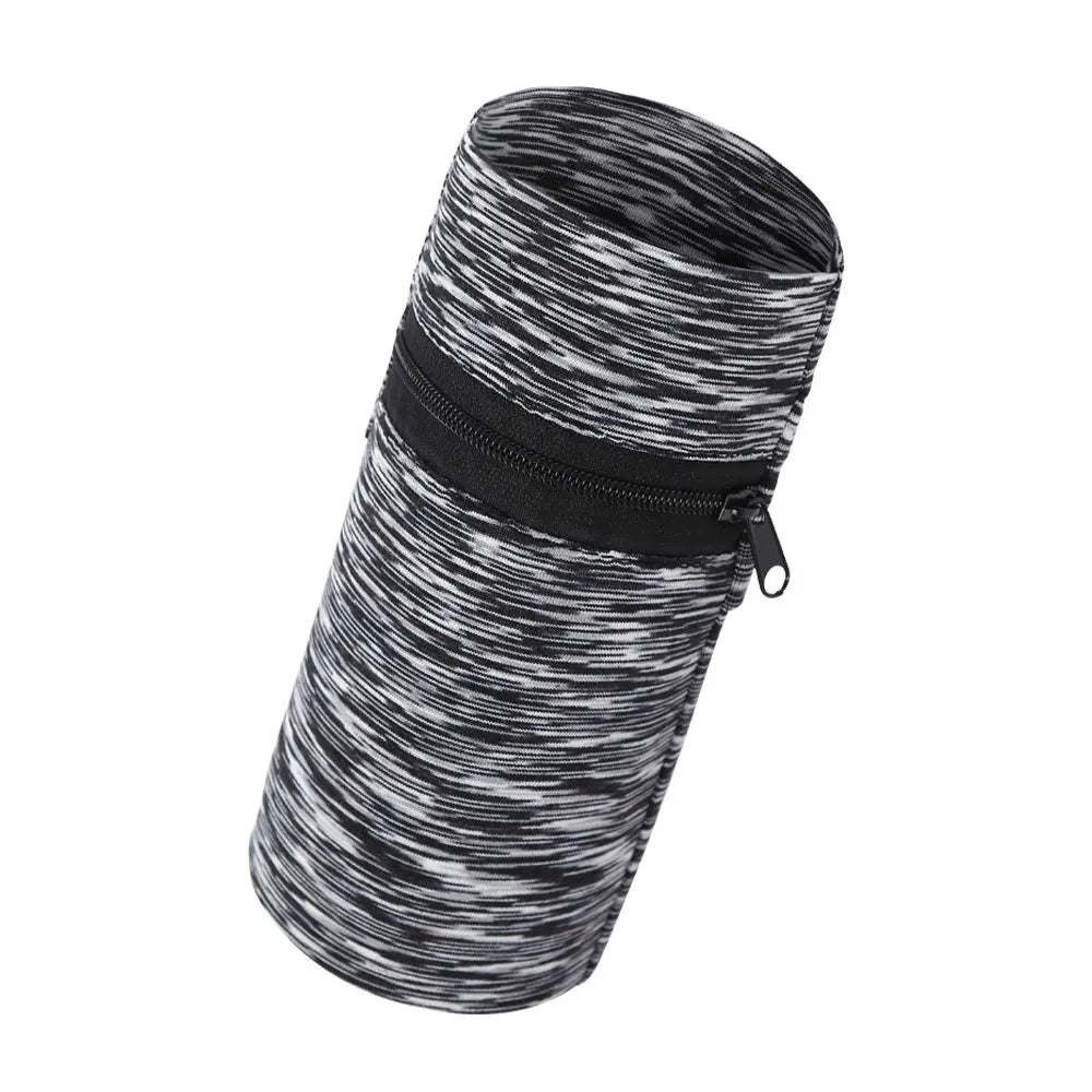A black and white striped zippered wrist bag designed for holding a phone or key card.