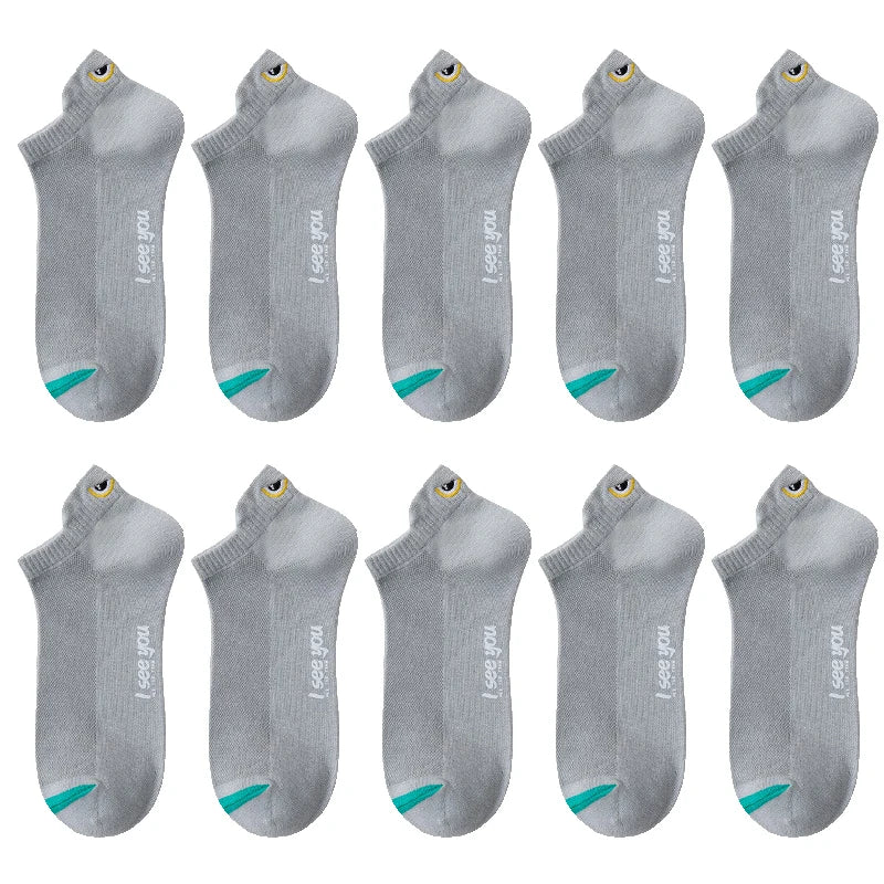 A set of gray men's breathable ankle boat socks shown from multiple angles.