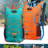 Orange and teal cycling hiking cross-country backpacks shown in various outdoor settings.