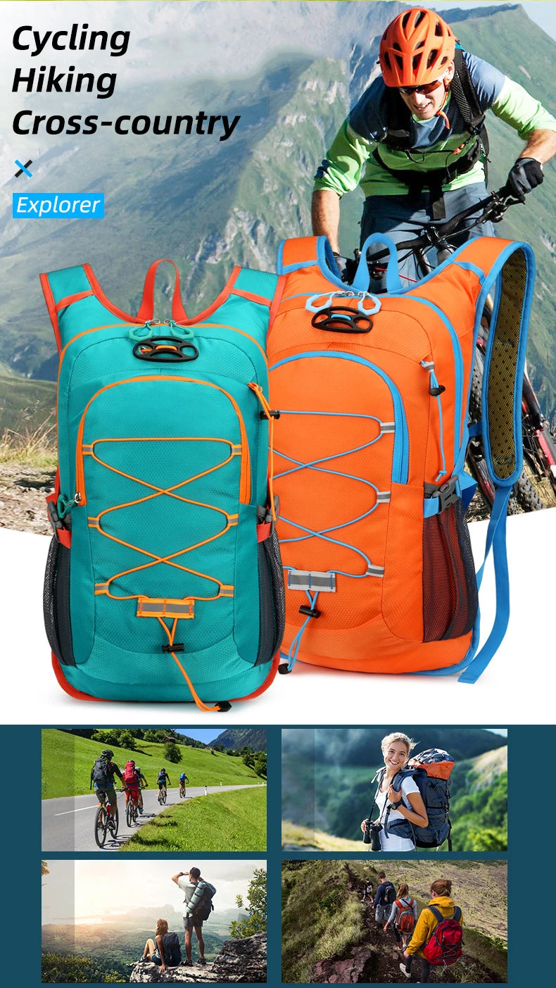 Orange and teal cycling hiking cross-country backpacks shown in various outdoor settings.