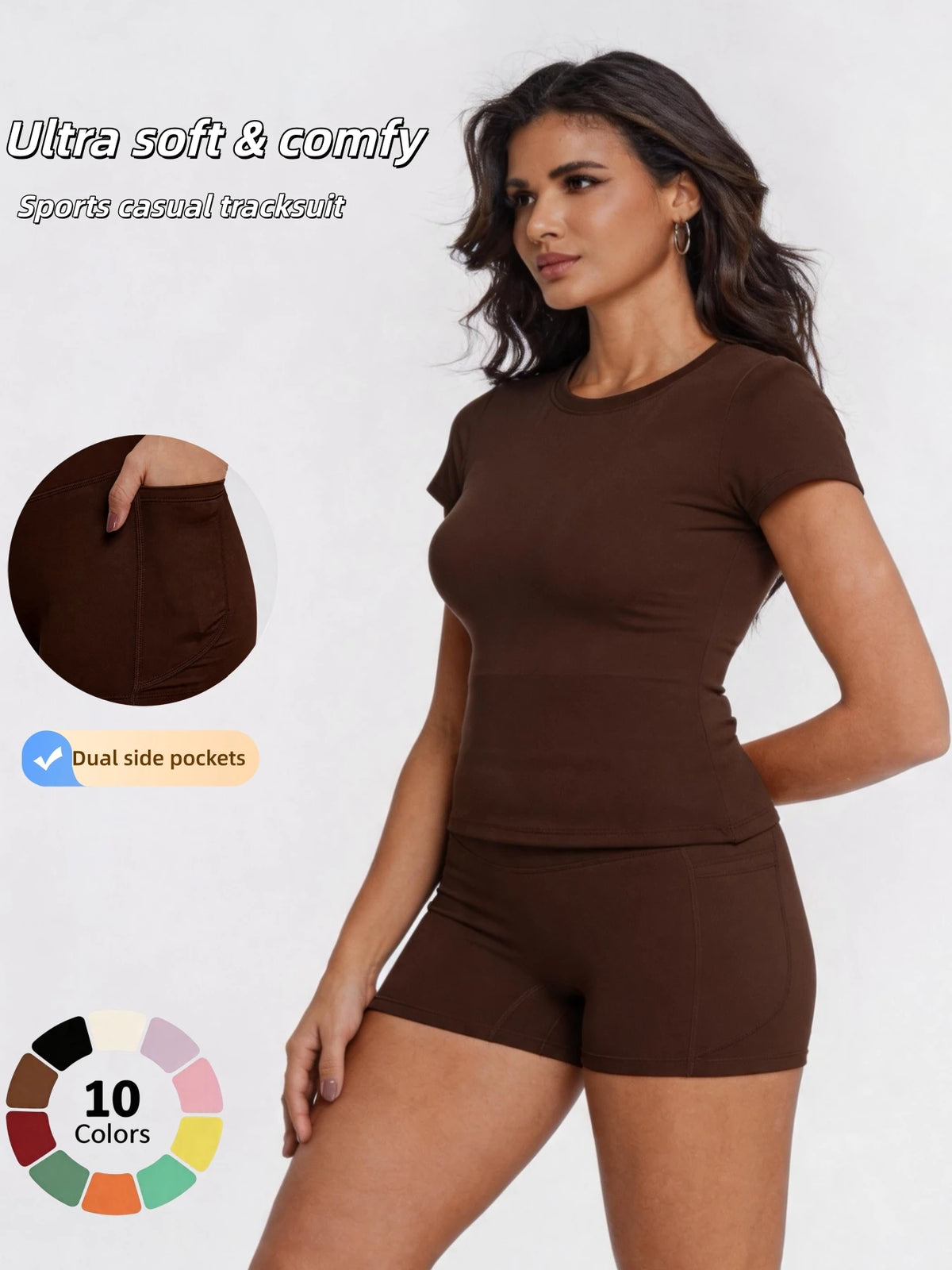 A model wearing a brown sports casual tracksuit top and shorts, highlighting dual side pockets.