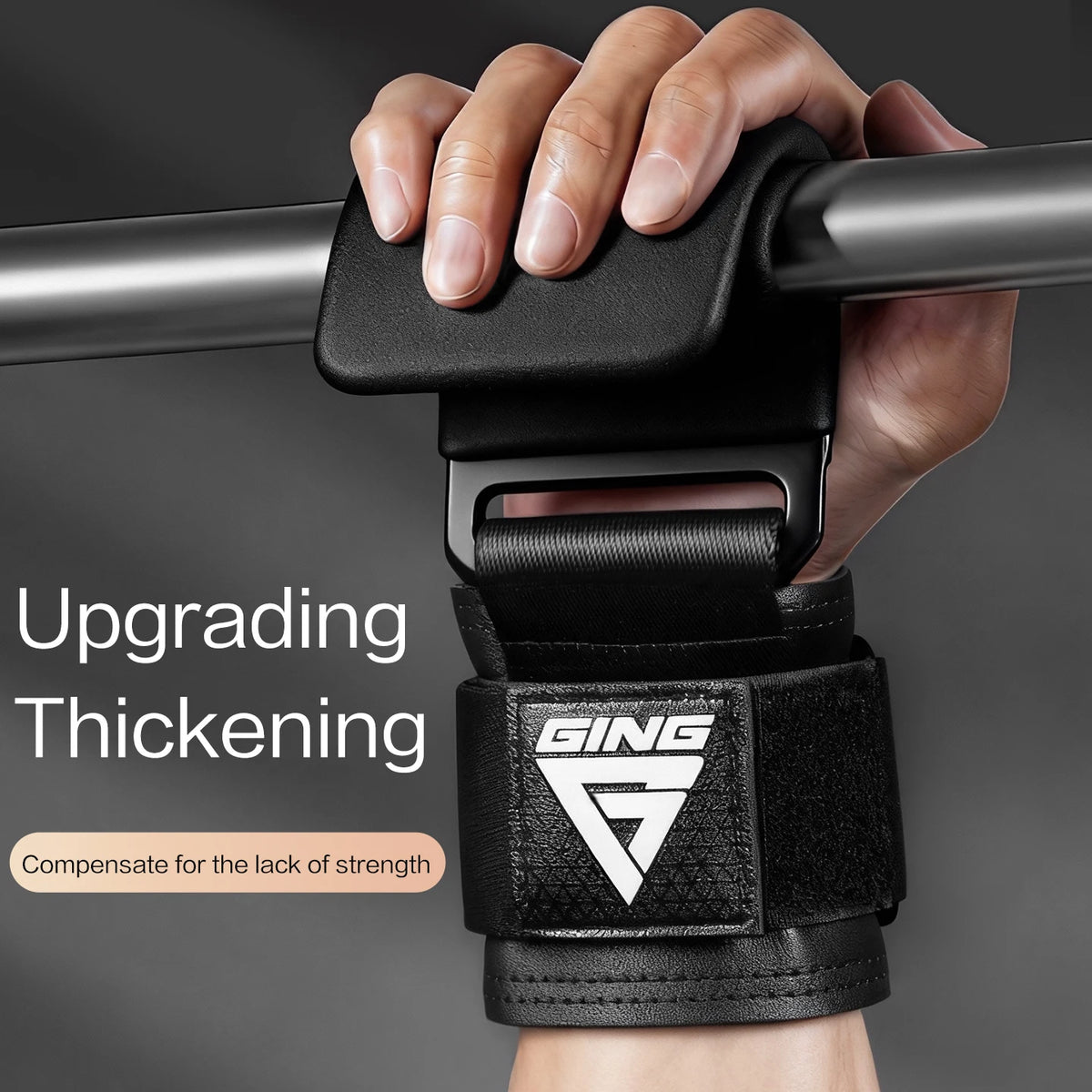 A hand grips a black weight lifting hook and wrist wrap, demonstrating an upgrade for thickening.