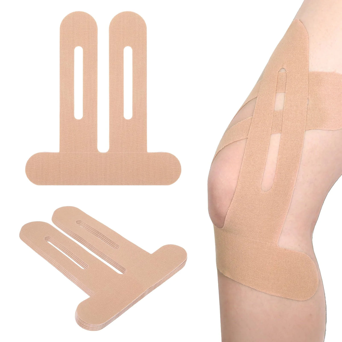 Dos piezas de cinta kinesiológica beige, una en tira plana y otra como vendaje para la rodilla.