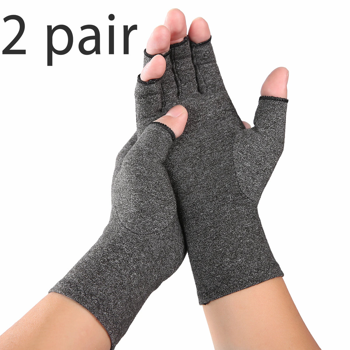 A pair of gray fingerless compression gloves worn on a hand and wrist.