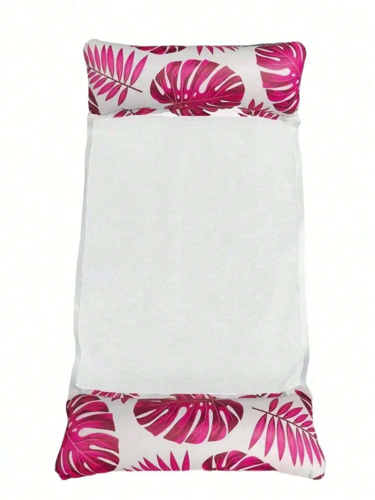 White inflatable pool float hammock with pink tropical leaf pattern