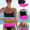 A woman models a color-block zigzag three-piece swimsuit set with removable pads and adjustable straps.
