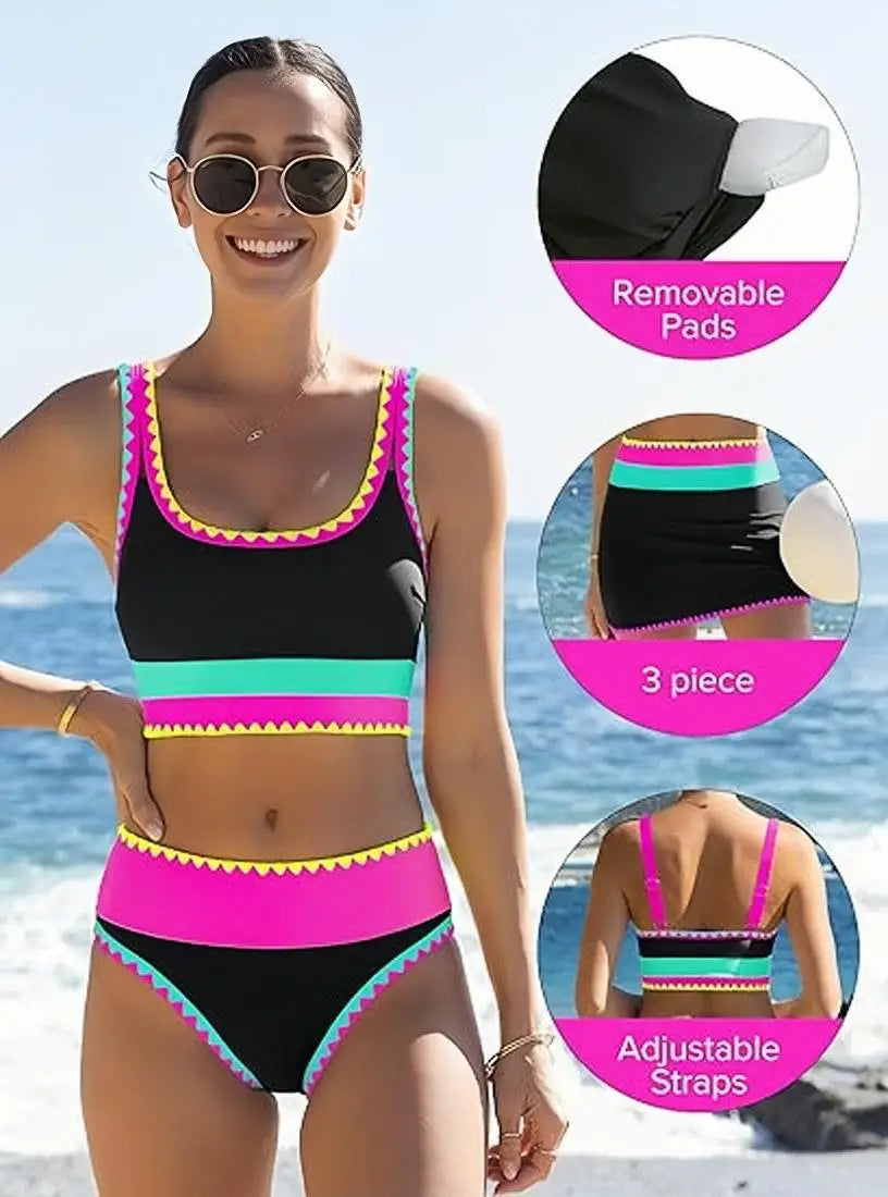 A woman models a color-block zigzag three-piece swimsuit set with removable pads and adjustable straps.