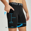 Shorts deportivos de compresión para hombres negros mostrando el soporte 360 grados y las medidas.
