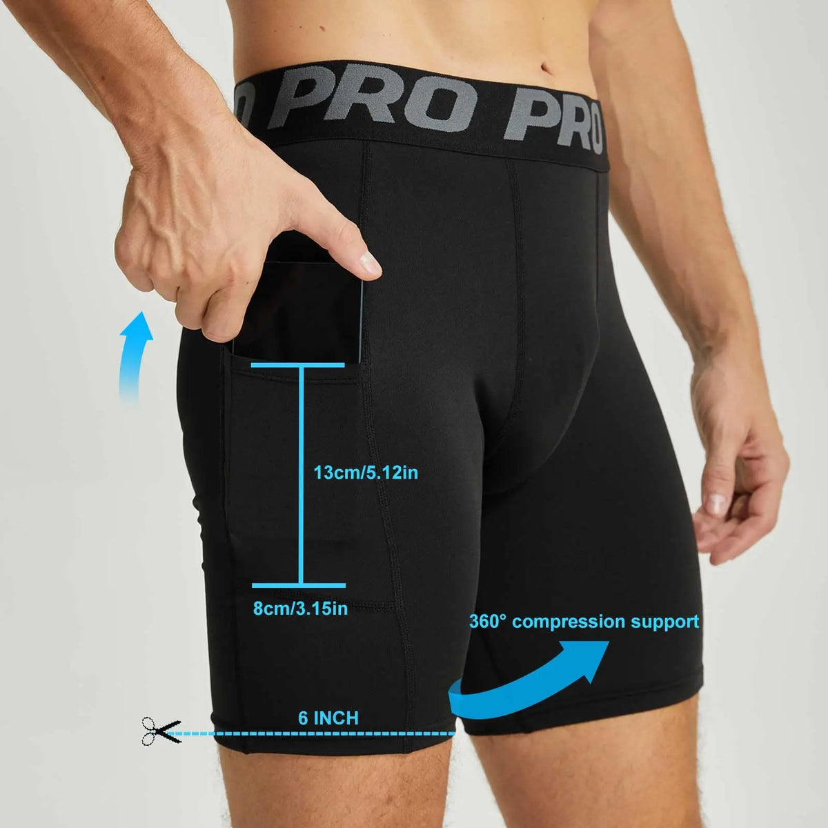 Shorts deportivos de compresión para hombres negros mostrando el soporte 360 grados y las medidas.
