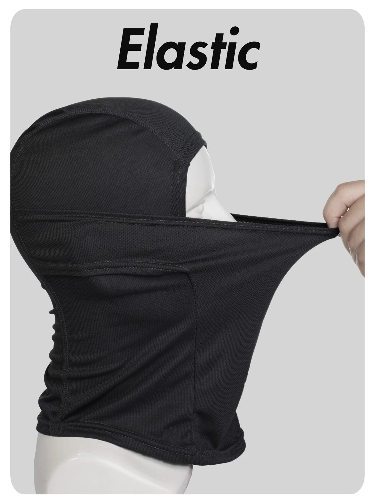 Black elastic balaclava face mask shown on a mannequin head.