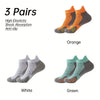 Three pairs of high elasticity anti-slip ankle socks in orange, white, and green.