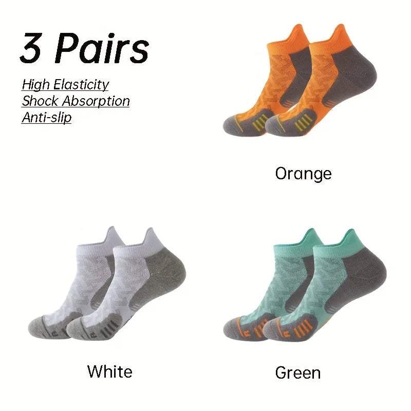 Three pairs of high elasticity anti-slip ankle socks in orange, white, and green.