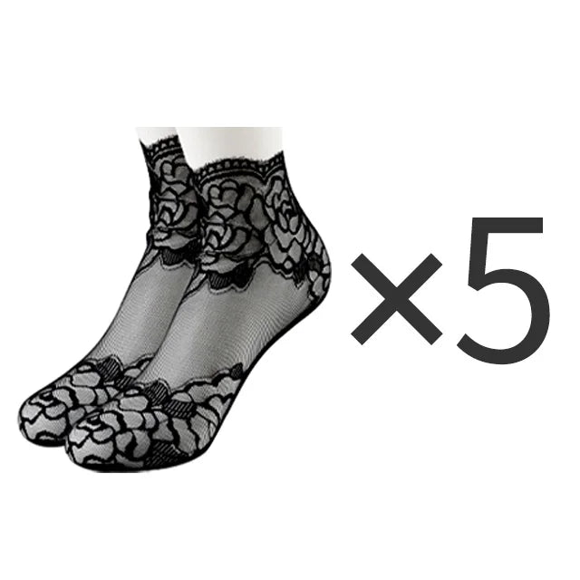 Five pairs of black lace mesh ankle socks for summer