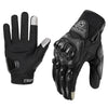 A pair of black motorcycle racing gloves featuring a textured palm and a touchscreen display on the back of the hand.